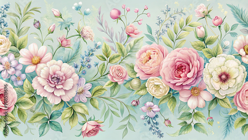 Delicate pastel-hued florals adorn a vintage-inspired border, swirling with soft petals and whimsical curls, evoking the gentle beauty of spring's awakening in watercolor hues.