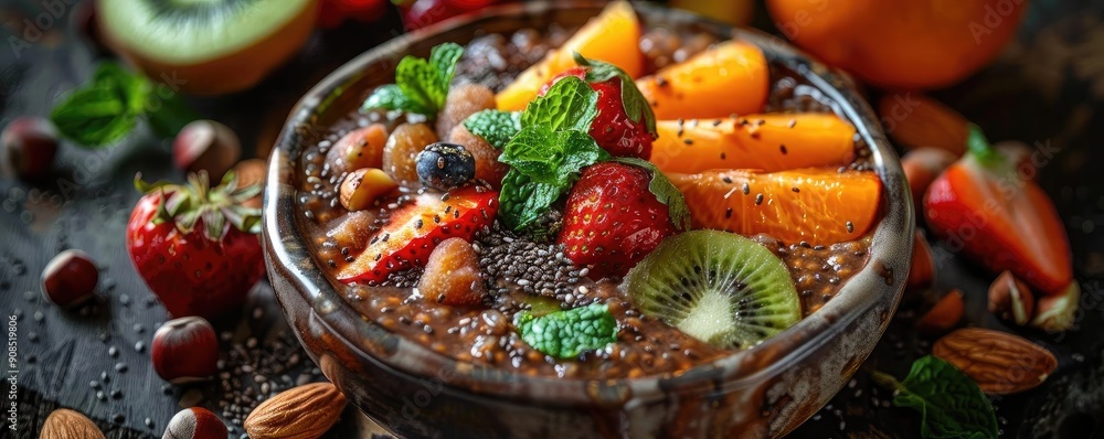 A colorful bowl of fruit, nuts, and seeds, beautifully arranged with mint, perfect for healthy breakfast or snack inspirations. A colorful bowl of fruit, nuts, and seeds, beautifully arranged with mint, perfect for healthy breakfast or snack inspirations.