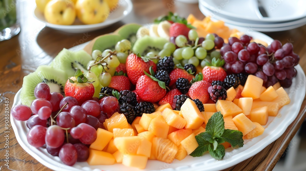 A platter of fruit with kiwi, grapes, strawberries, and melon. A platter of fruit with kiwi, grapes, strawberries, and melon.