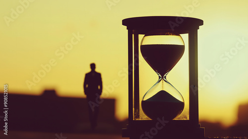 Silhouette of a man inside an hourglass, symbolizing the passage of time, life limitations, or the urgency of deadlines. photo