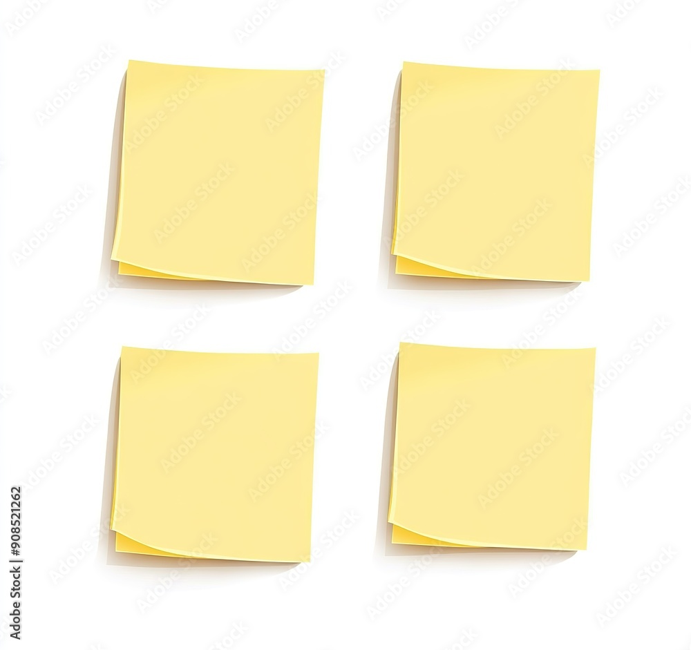 Four Yellow Sticky Notes Isolated on White Background, Vector Illustration in Flat Design, Created in Adobe Illustrator, No Shadowing or Gradients, Simple and Clean Four Yellow Sticky Notes Isolated on White Background, Vector Illustration in Flat Design, Created in Adobe Illustrator, No Shadowing or Gradients, Simple and Clean