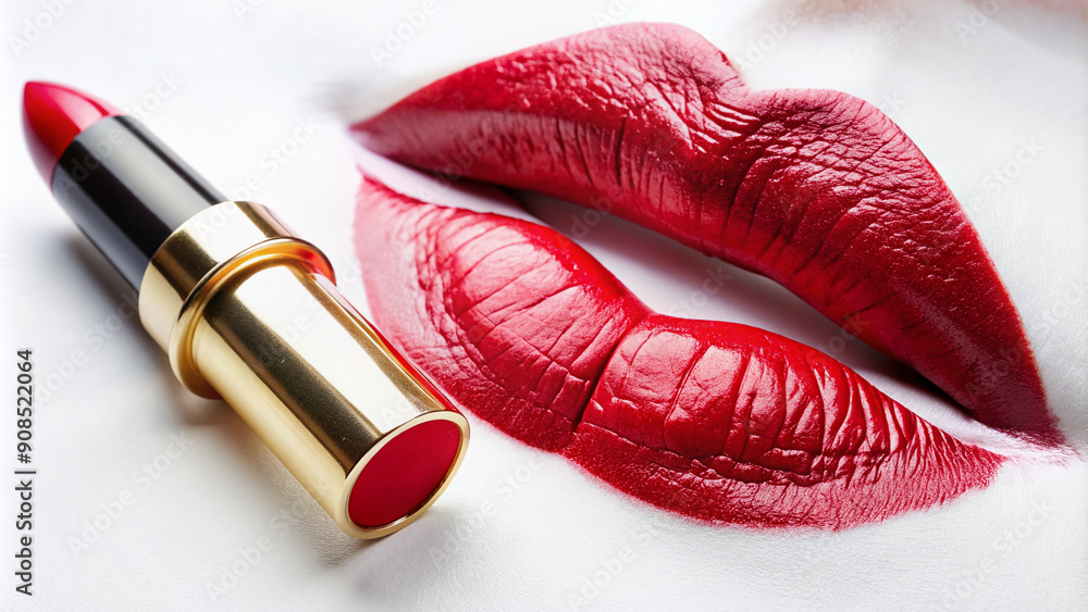 Obraz premium Vibrant crimson lipstick lies enticingly on a soft, white background, its golden cap slightly ajar, surrounded by subtle lip print impressions and delicate lip lines.