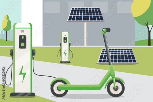 Ecological city transport illustration in the street. Electric kick scooter charged from charging station and solar battery. Kick scooter of green color, alternative energy.