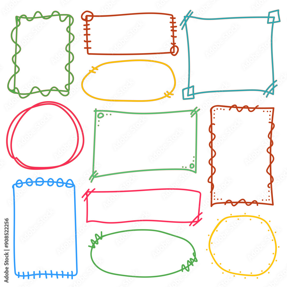 Fototapeta premium A simple hand-drawn set of doodle frames in different shapes.