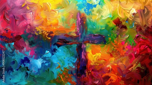 Abstract colorful painting of a cross symbolizing faith and spirituality amidst vibrant chaos. A fusion of art and belief in bright, emotive colors. 