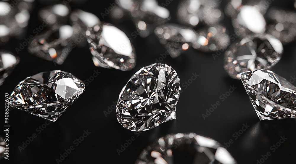 A stunning collection of loose diamonds, featuring round and cushion cut stones, scattered on a black background. The sharp focus highlights the sparkling crystals, showcasing their brilliance A stunning collection of loose diamonds, featuring round and cushion cut stones, scattered on a black background. The sharp focus highlights the sparkling crystals, showcasing their brilliance
