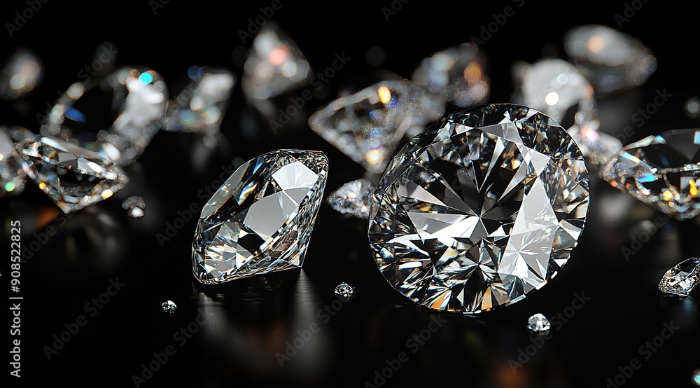 A stunning collection of loose diamonds, featuring round and cushion cut stones, scattered on a black background. The sharp focus highlights the sparkling crystals, showcasing their brilliance A stunning collection of loose diamonds, featuring round and cushion cut stones, scattered on a black background. The sharp focus highlights the sparkling crystals, showcasing their brilliance