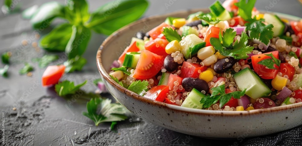 A vibrant salad bowl filled with fresh vegetables, herbs, and a variety of colors, perfect for healthy meals and summer gatherings. A vibrant salad bowl filled with fresh vegetables, herbs, and a variety of colors, perfect for healthy meals and summer gatherings.