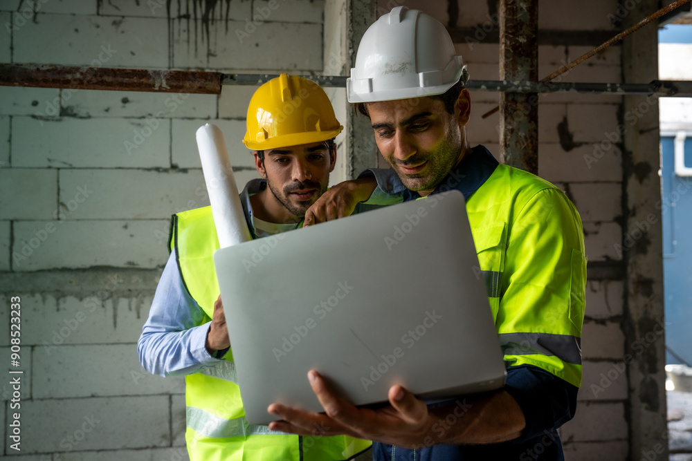Professional Engineers Discussing Construction Project on Site with Blueprints and Laptop for Successful Development Professional Engineers Discussing Construction Project on Site with Blueprints and Laptop for Successful Development