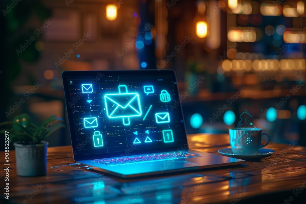 Laptop with Email Icon on Screen in a Cozy Cafe Setting Laptop with Email Icon on Screen in a Cozy Cafe Setting