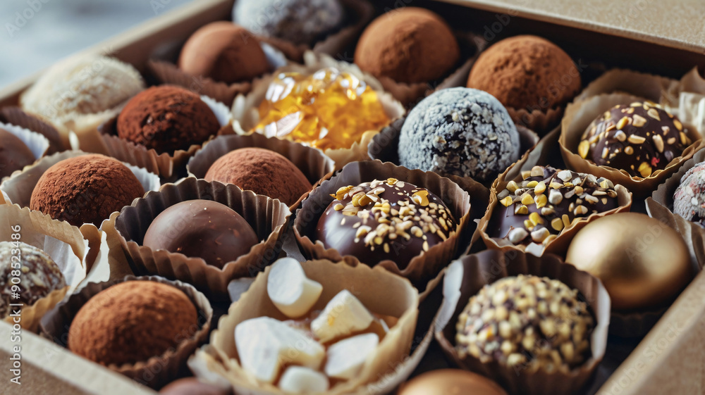Set of chocolate truffles with nuts and cocoa. Tasty round candy. A delicious gift in a Kraft paper box. Holiday concept. Set of chocolate truffles with nuts and cocoa. Tasty round candy. A delicious gift in a Kraft paper box. Holiday concept.