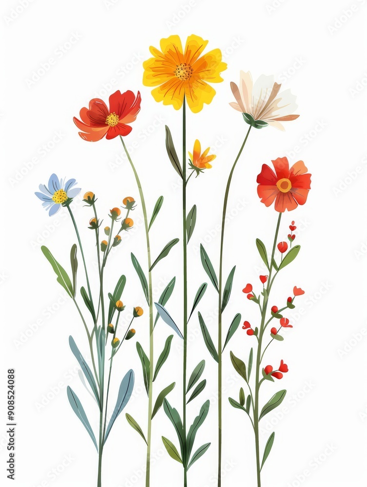Fototapeta premium Collection of 2D and 3D Vector Flat Abstract Minimalistic Art of Flowers and Meadow Isolated on a White Background