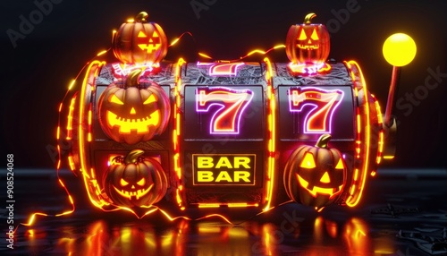 A festive Halloween slot machine adorned with spooky pumpkins and colorful candy canes photo