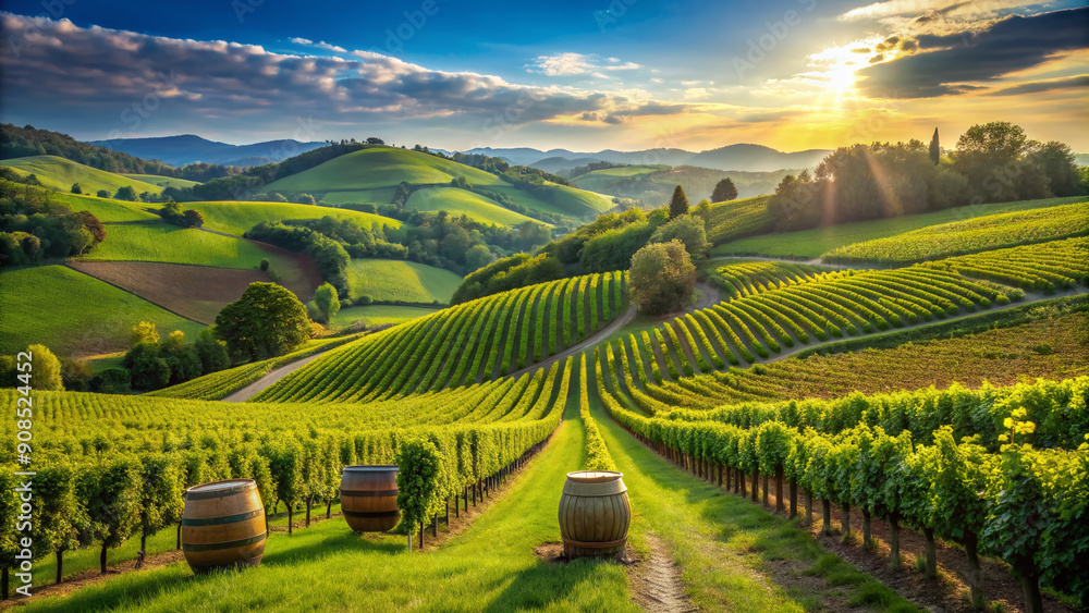 A lush green vineyard landscape unfolds, with rows of grapes ripening in the sun, surrounded by rolling hills and rustic wine barrels in the distance. A lush green vineyard landscape unfolds, with rows of grapes ripening in the sun, surrounded by rolling hills and rustic wine barrels in the distance.