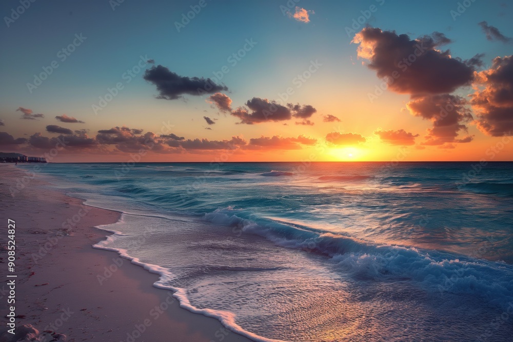 Cancun beach tropical paradise with turquoise waters and powdery sand. Sunrise over ocean creating beautiful warm light. Resort landscape with palm trees. Cancun beach tropical paradise with turquoise waters and powdery sand. Sunrise over ocean creating beautiful warm light. Resort landscape with palm trees.
