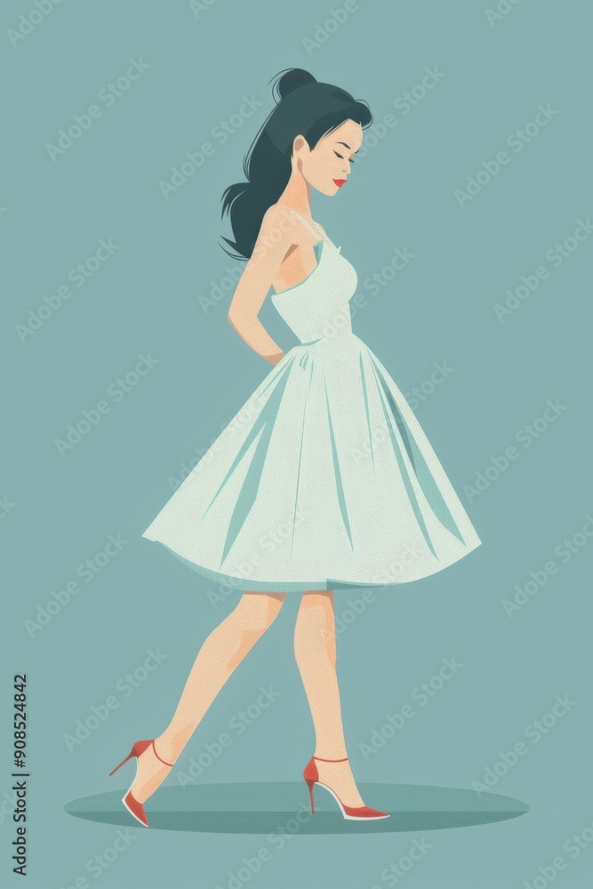 Naklejka premium Minimalism illustration, an Asian woman, wearing a 50s-style swing dress with a petticoat and peep-toe heels, standing with her arms resting by her sides, vintage retro fashion, flat illustration