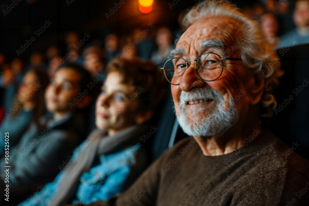 Elderly man enjoying a movie in a theater, smiling with an audience around him Elderly man enjoying a movie in a theater, smiling with an audience around him