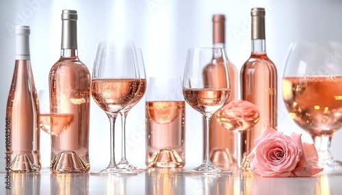 A row of various bottles and glasses filled with rose wine sits elegantly on a table