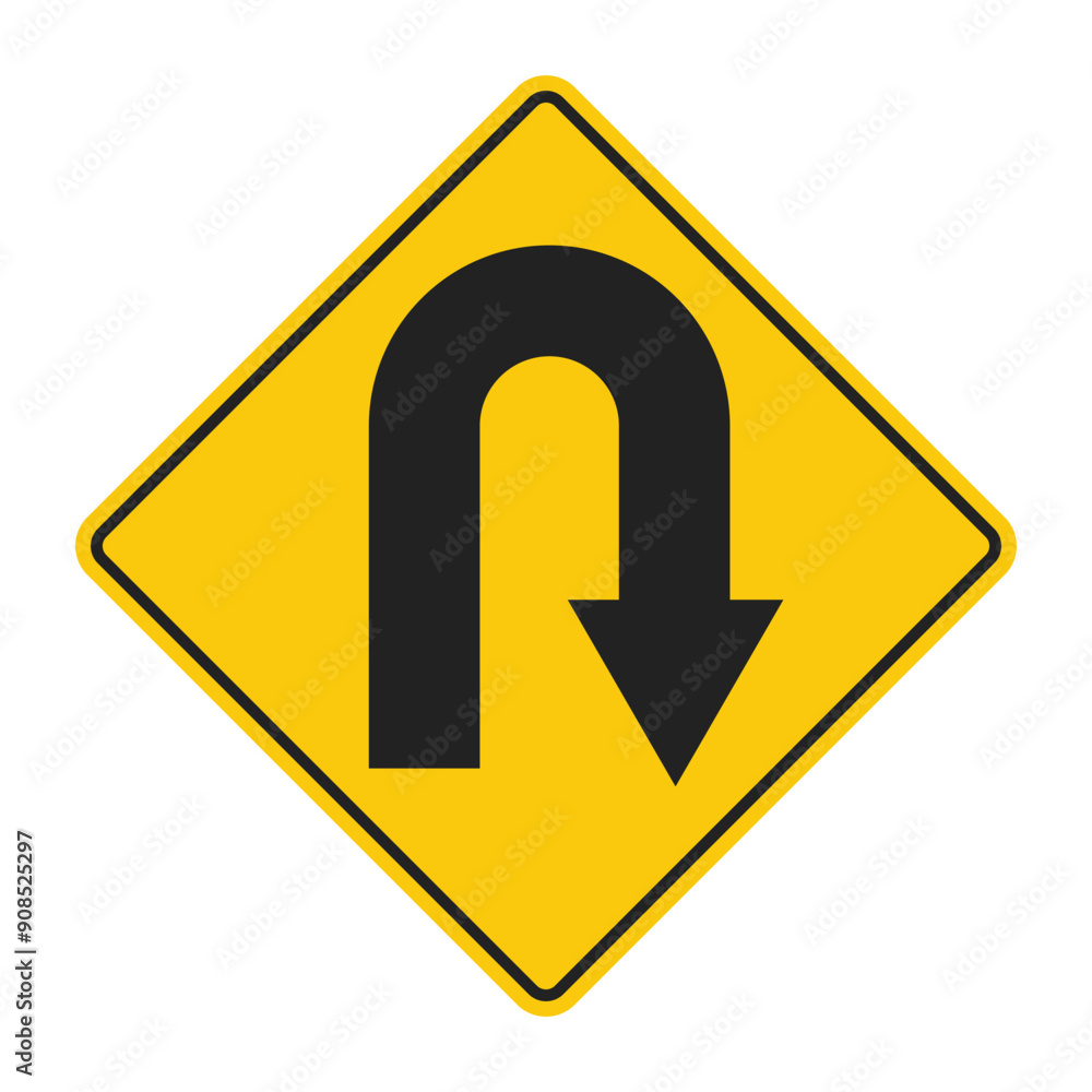Isolated traffic sign U turns driving is allowed in yellow diamond label, Isolated traffic sign U turns driving is allowed in yellow diamond label,