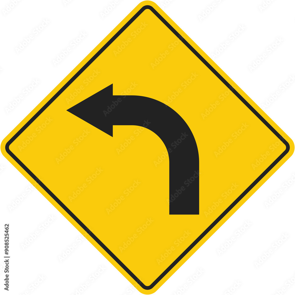 Isolated turn left with caution in yellow diamond shape traffic sign label Isolated turn left with caution in yellow diamond shape traffic sign label