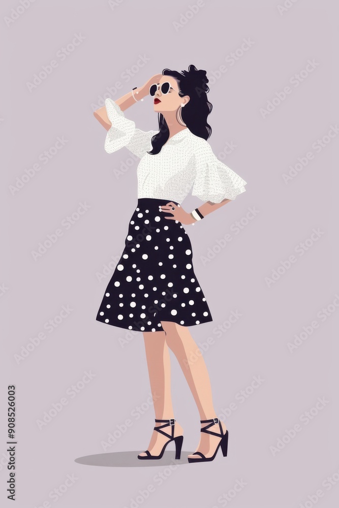Minimalism illustration, an Asian woman, wearing a polka dot skirt with a ruffle blouse and platform shoes, standing with one hand adjusting her sunglasses, vintage retro fashion, flat illustration
