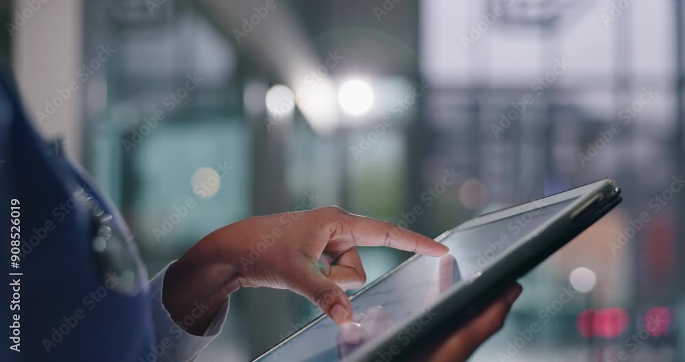 Doctor, hands and screen of tablet in hospital for clinical data, health metrics and vital signs or patient demographics. Closeup, person and online for medical analysis and statistics for review.