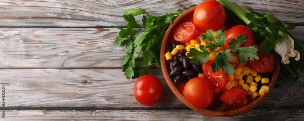 Fresh ingredients in a bowl including tomatoes, corn, and greens, perfect for healthy cooking or vibrant meal preparation. Fresh ingredients in a bowl including tomatoes, corn, and greens, perfect for healthy cooking or vibrant meal preparation.