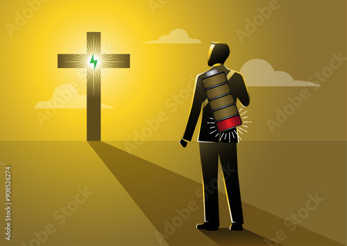 Businessman with a low battery standing on the road