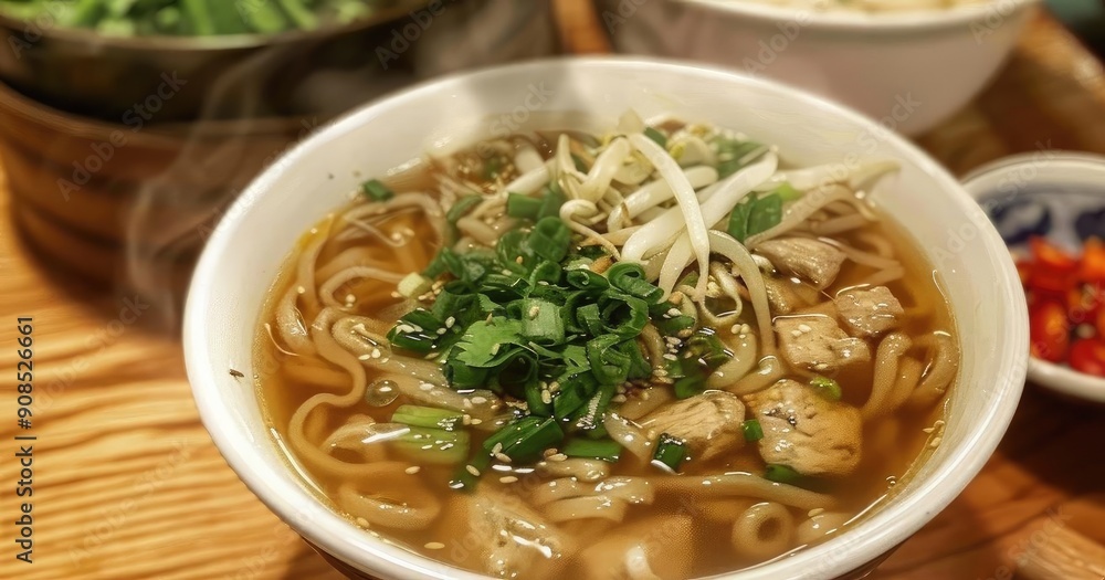 Delicious steaming bowl of noodle soup topped with fresh herbs and meat, perfect for a comforting meal or gourmet photography. Delicious steaming bowl of noodle soup topped with fresh herbs and meat, perfect for a comforting meal or gourmet photography.