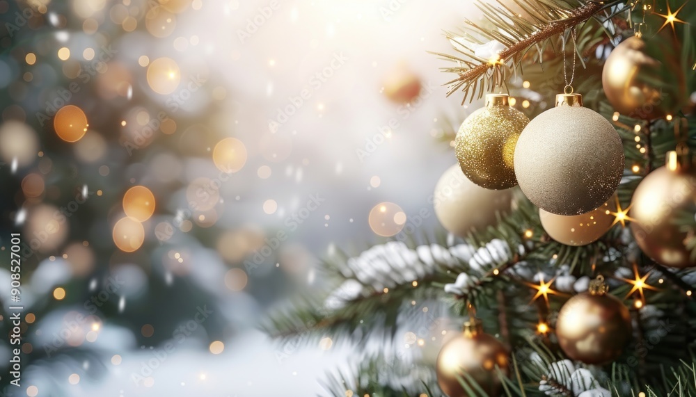 A beautifully decorated Christmas tree with gold and white balls and sparkling lights A beautifully decorated Christmas tree with gold and white balls and sparkling lights