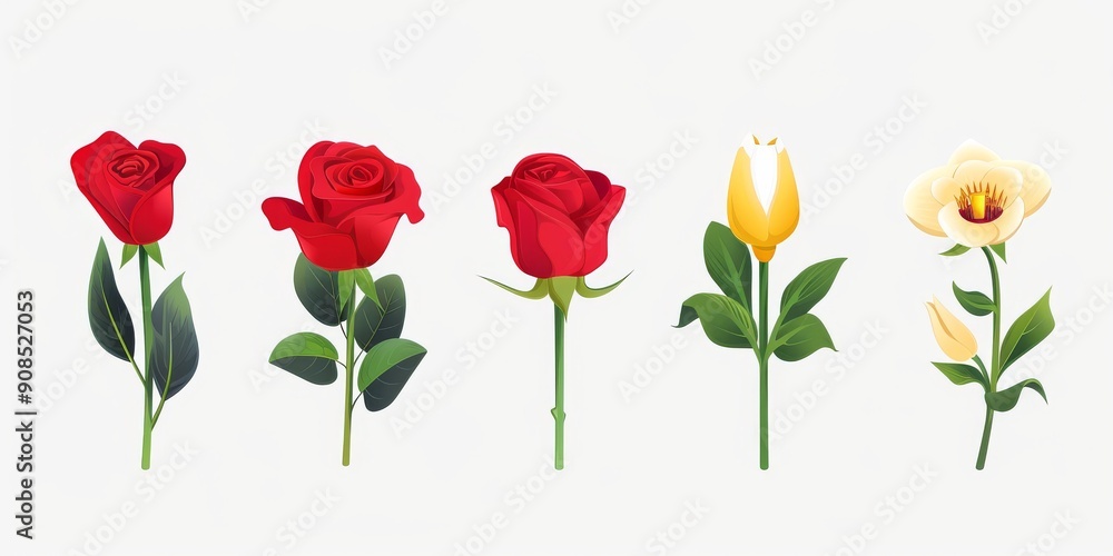 Obraz premium Collection of 2D and 3D Vector Flat Abstract Minimalistic Art of Flowers and Meadow Isolated on a White Background