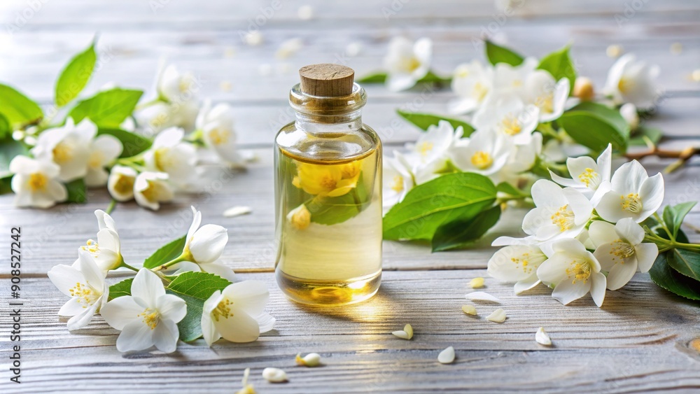 Serene arrangement of jasmine essential oil and fresh flowers on a white wooden tabletop, surrounded by open space, perfect for adding text or messages. Serene arrangement of jasmine essential oil and fresh flowers on a white wooden tabletop, surrounded by open space, perfect for adding text or messages.