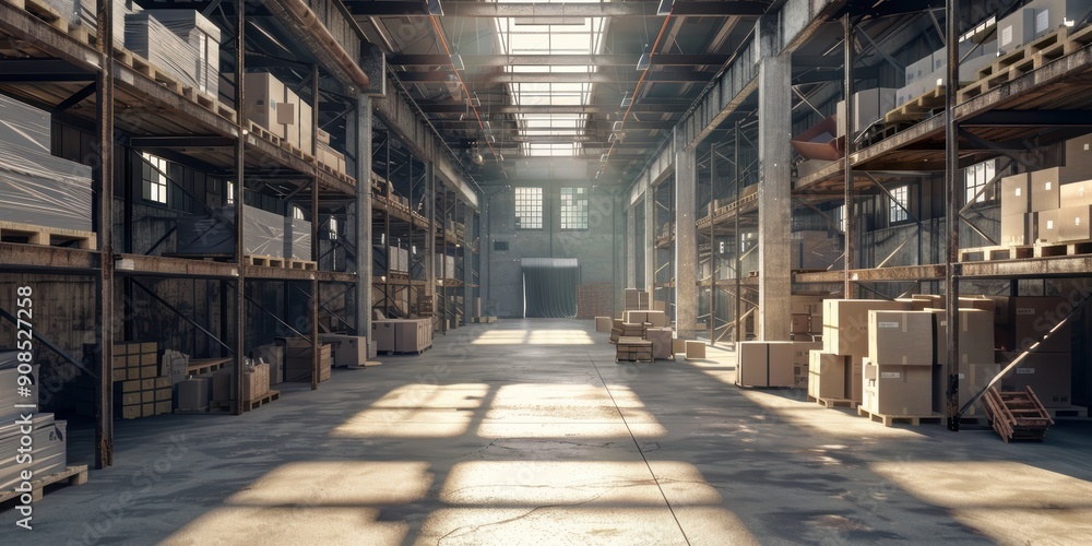 Industrial Warehouse Interior with Sunlight Streaming Through Skylights Industrial Warehouse Interior with Sunlight Streaming Through Skylights