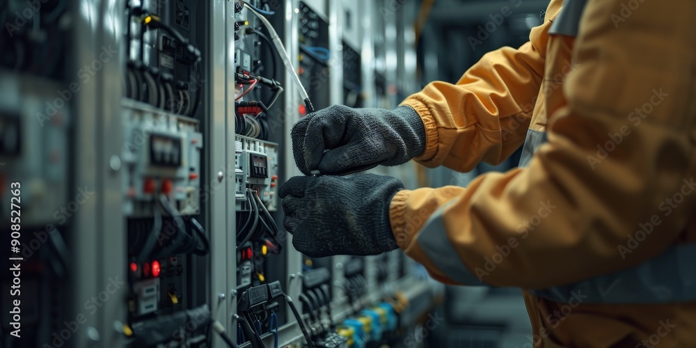 Focused electrician working in a control room, wearing safety gear and inspecting electrical systems. Focused electrician working in a control room, wearing safety gear and inspecting electrical systems.