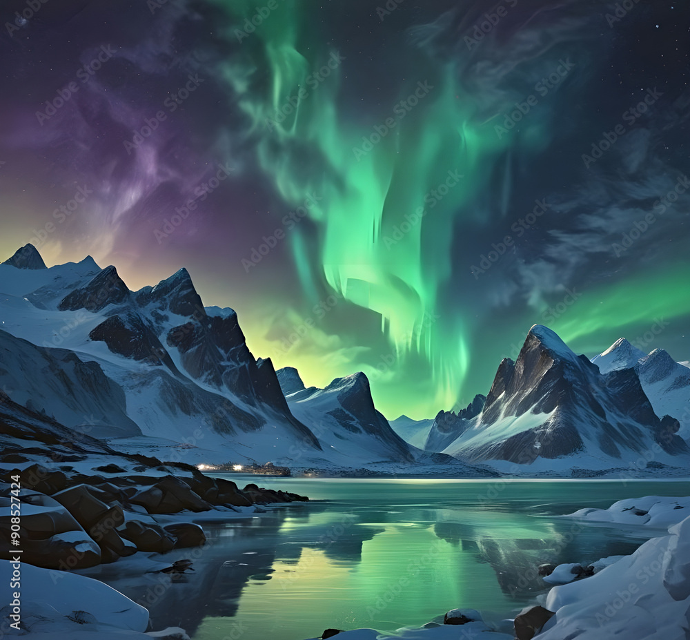 Obraz premium Northern Lights over the sea, snowy mountains at starry winter night. Aurora borealis in Lofoten islands, Norway. Sky with polar lights. Landscape with aurora, beach, sky, reflection in water. Space
