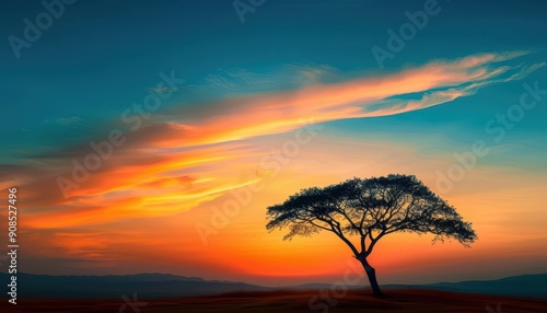 Silhouette of a tree against a vibrant sunset background, nature's beauty and serenity