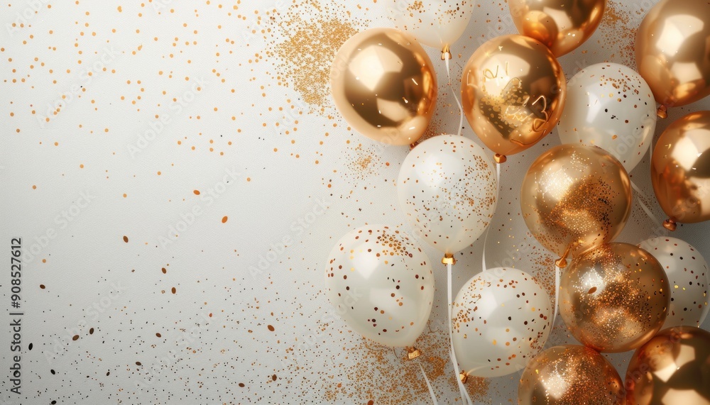 A mix of gold and white balloons with colorful confetti on a clean white background A mix of gold and white balloons with colorful confetti on a clean white background