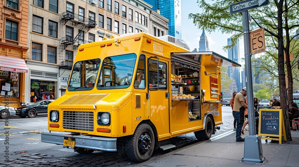 Fototapeta premium Vibrant Food Truck in Urban Setting Offering Nutritious Lunch Choices