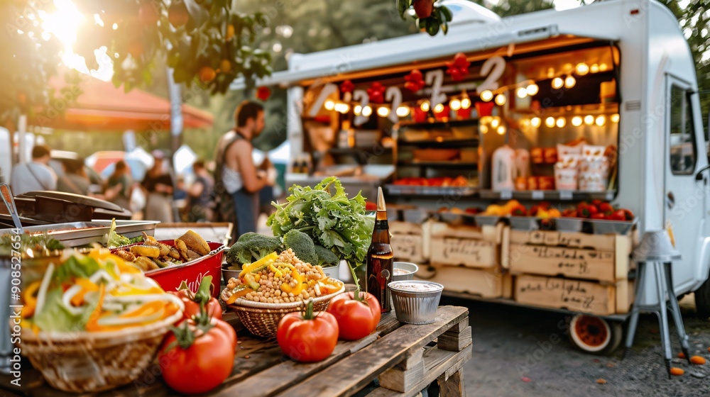 Fototapeta premium Vibrant Food Truck Delights Music Festival Goers with Healthy Fare