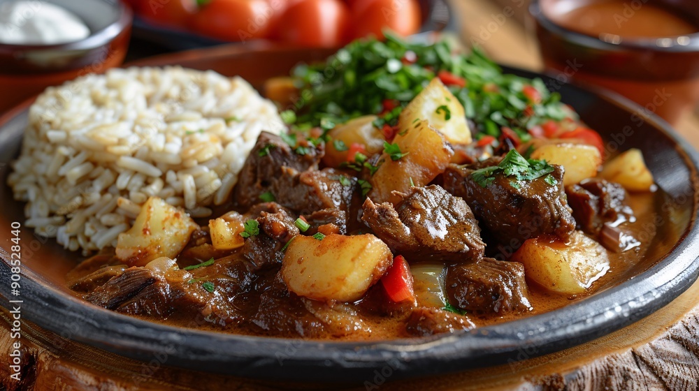 Delicious Plate of Mexican-Style Carne Guisada with Potatoes and Gravy Delicious Plate of Mexican-Style Carne Guisada with Potatoes and Gravy