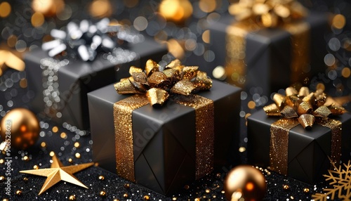 A beautifully arranged group of black and gold Christmas presents displayed elegantly on a table