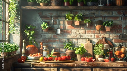 Inviting Kitchen Scene with Fresh Ingredients and Cooking Utensils for Food Background