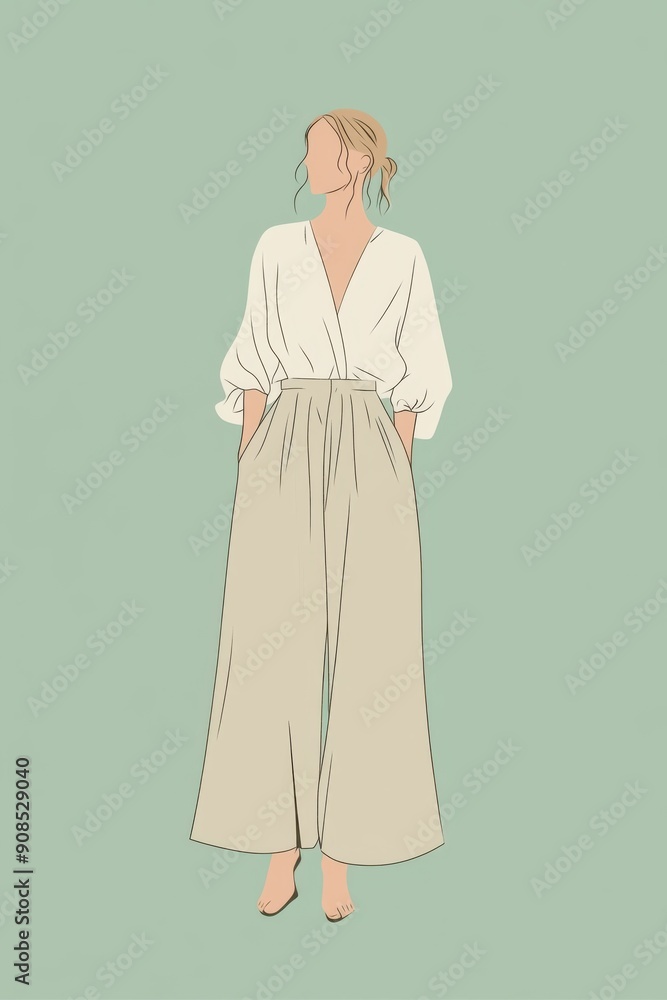 Minimalism illustration minimalist line art, a Caucasian woman, wearing a biodegradable silk blouse with hemp trousers, standing with both hands holding the skirt, eco-friendly fashion, boho Minimalism illustration minimalist line art, a Caucasian woman, wearing a biodegradable silk blouse with hemp trousers, standing with both hands holding the skirt, eco-friendly fashion, boho