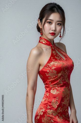Beautiful woman wearing silk cheongsam.