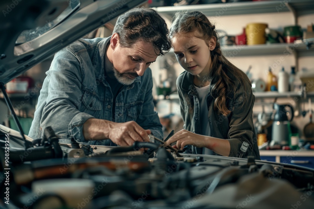 Father and Daughter Fixing a Car Father and Daughter Fixing a Car