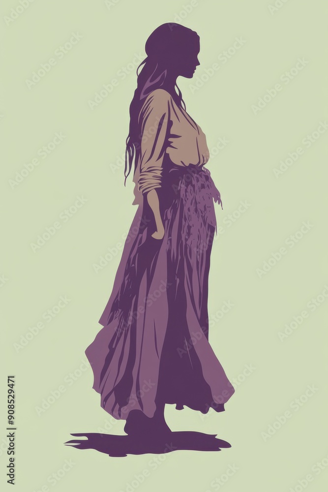 Minimalism illustration, silhouette of a Caucasian woman, wearing a violet gypsy skirt with a peasant blouse and a headscarf, standing with one hand on her hip, bohemian fashion, boho Minimalism illustration, silhouette of a Caucasian woman, wearing a violet gypsy skirt with a peasant blouse and a headscarf, standing with one hand on her hip, bohemian fashion, boho