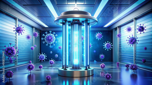High-intensity ultraviolet light disinfects surfaces, effectively killing germs and bacteria, while a futuristic background highlights the advanced technology behind this sanitation method.