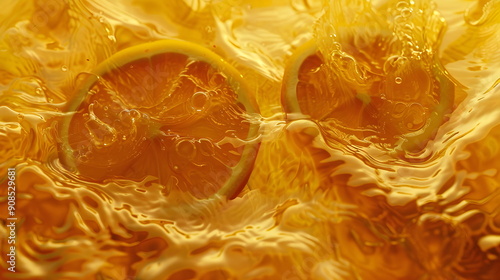 Festive citrus composition, orange slices floating in a drink. Food and drink concept, summer, vitamins, nutrition, diet. Refreshing Aperol spritz with an orange slice and splashes of soda photo