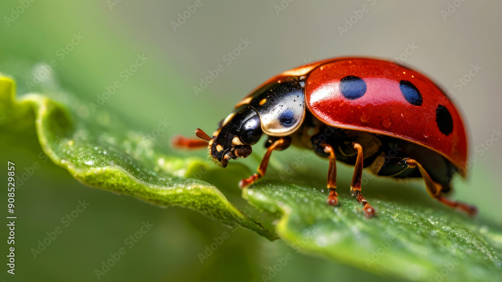 Fototapeta premium Macro photo of a ladybug on a leaf.