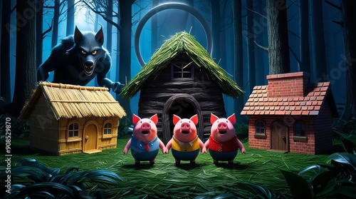 3D illustration of a children's story about three little pigs building a house and a wolf.